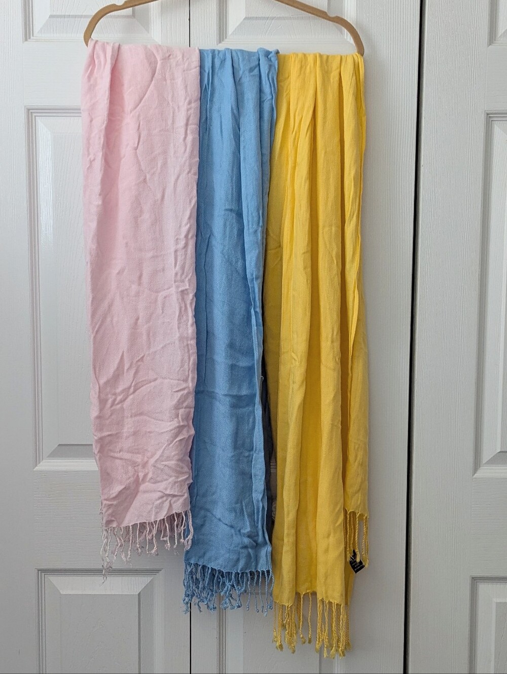 LOT OF 3! BABY PINK, BABY BOY & SUNFLOWER YELLOW~ SOFT FRINGY VISCOSE SCARVES!